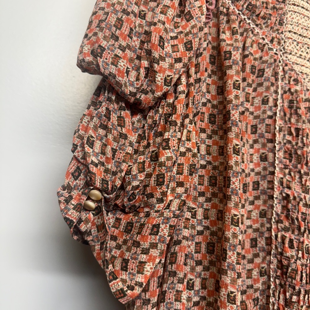 Isabel Marant Etoile 100% Silk Smocked Boho Peasant Geometric Tunic Top SIZE 12 - Picture 2 of 8